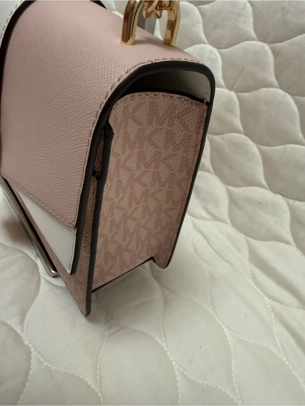 Michael Kors Blush Pink & White Leather Shoulder Bag with Gold MK Accent